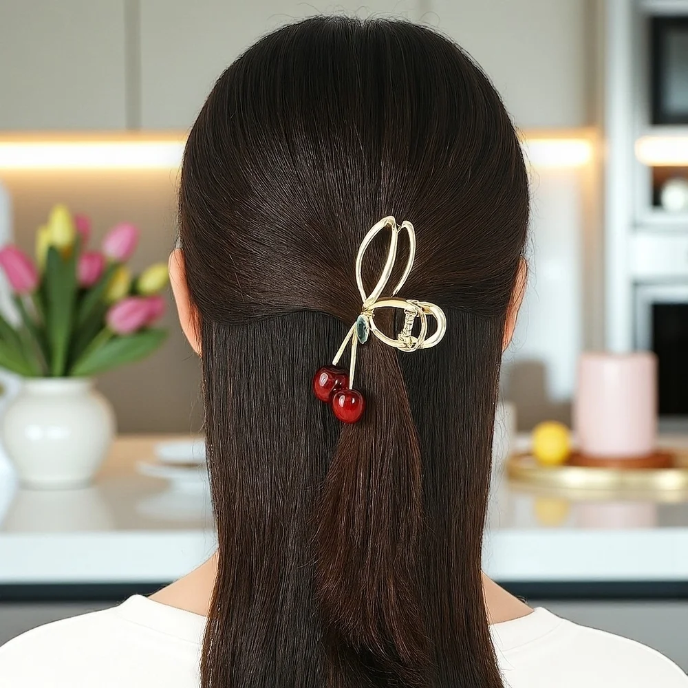Cherry Hair Claw Clip Non-Slip Bow-Knot 🍒 Metal Hair Clip for Women & Girls